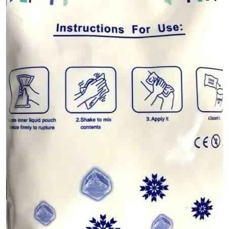 Bolsa de hielo instantánea: instrucciones con iconos y copos azules en el empaque