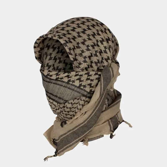Pañuelo Shemagh MIL-TEC caqui y negro, diseño con flecos y franjas bordadas