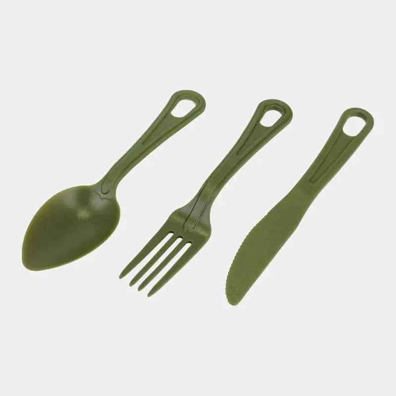 Set de cubiertos de plástico MIL-TEC verde oliva: cuchara, tenedor y cuchillo