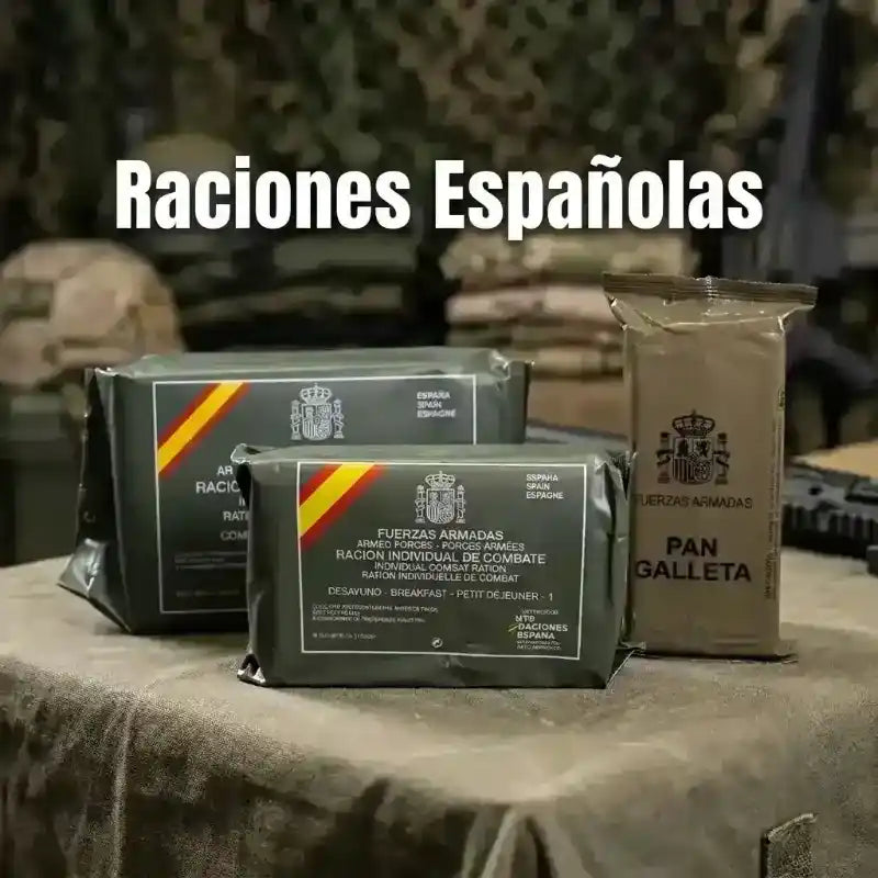 Raciones individuales de combate y pan galleta de las Fuerzas Armadas Españolas.
