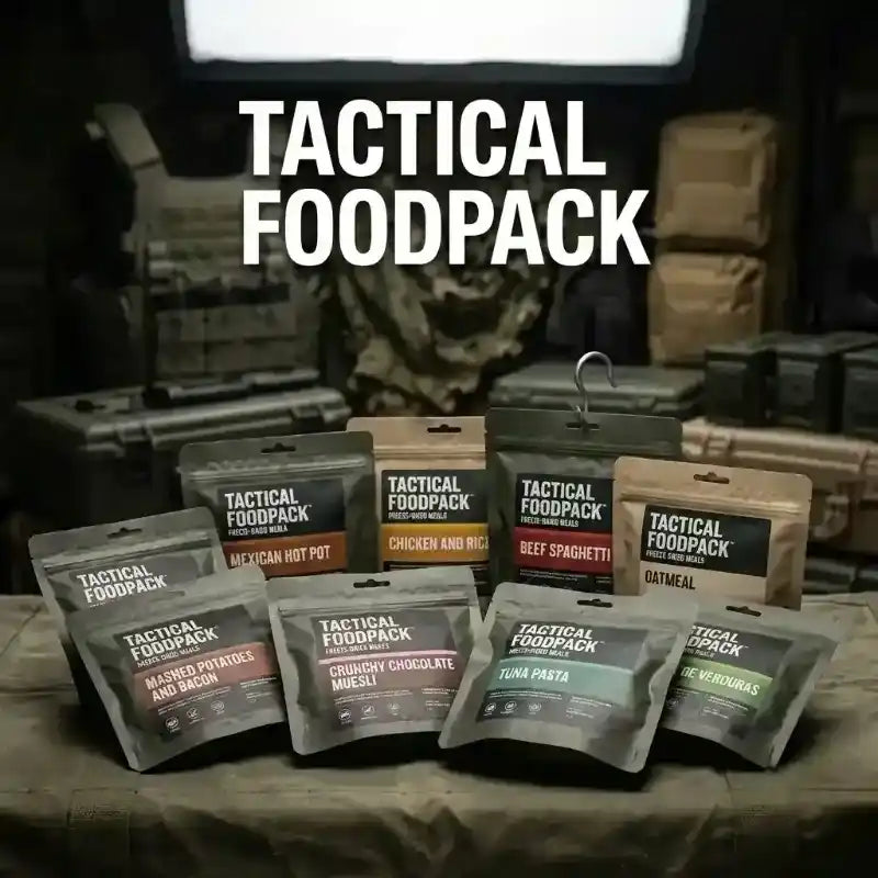 Variedad de sobres de comida liofilizada Tactical Foodpack con sabores como Pollo con Arroz o Ternera.