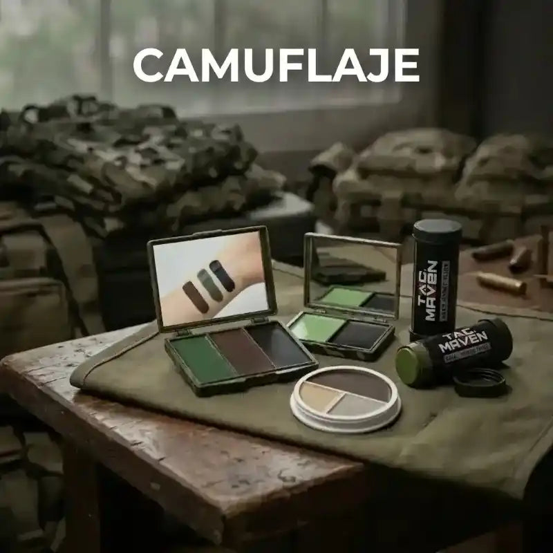 Estuches de maquillaje de camuflaje Tac Maven con tonos verde, marrón y negro.