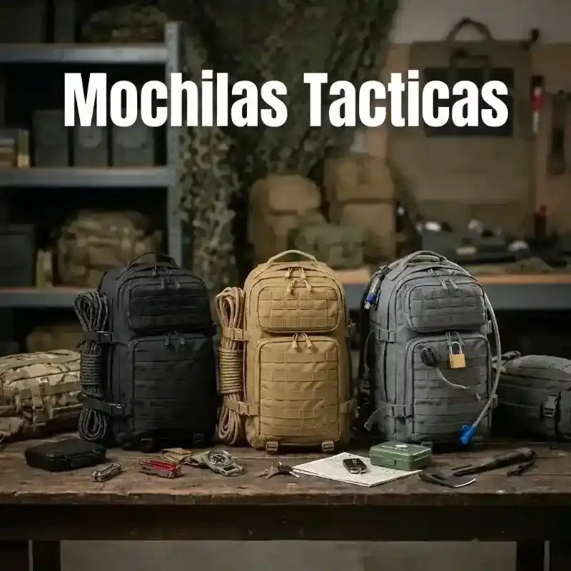 Mochilas tácticas con sistema Molle en colores negro, coyote y gris con cuerdas.