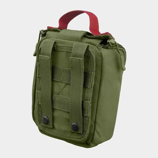 Botiquín IFAK verde oliva con asa roja y panel frontal de velcro