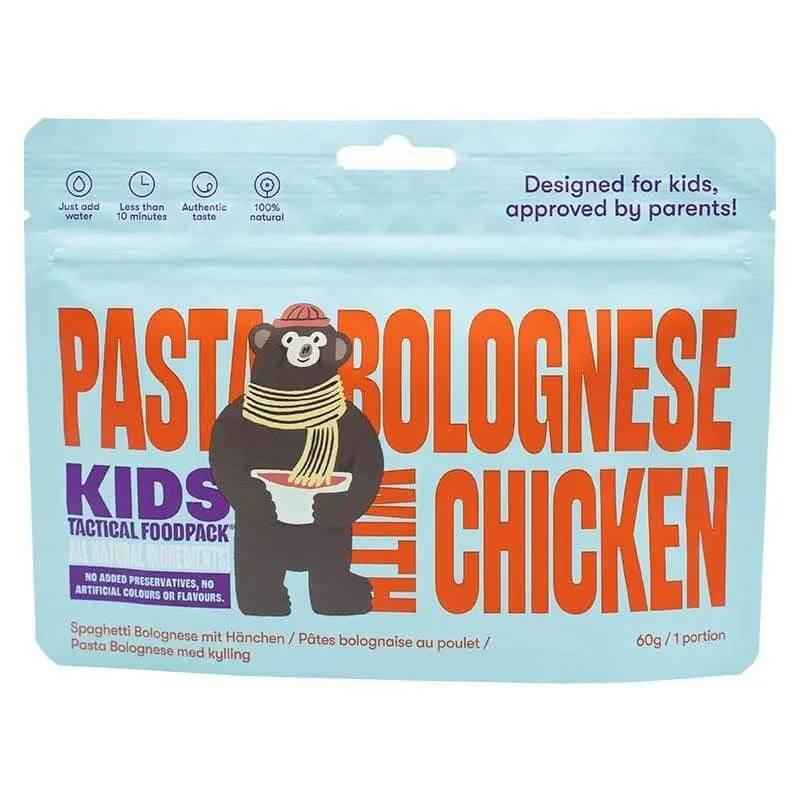 Pouch de comida infantil de pasta bolognesa con pollo, paquete azul.