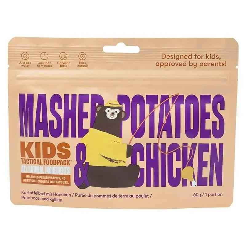 Bolsita de puré infantil de patatas con pollo, envase beige y morado
