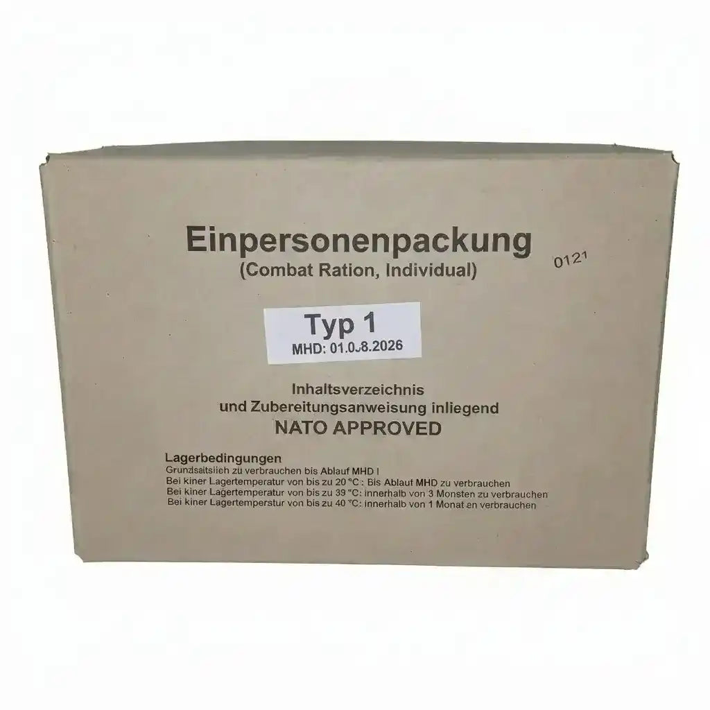 Caja de ración individual Tipo 1, empaque beige con texto impreso