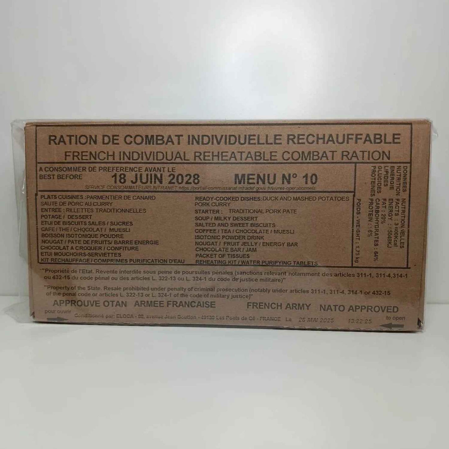 Ración militar francesa, caja marrón con etiqueta Menú N.º 10 y 18 junio 2028.