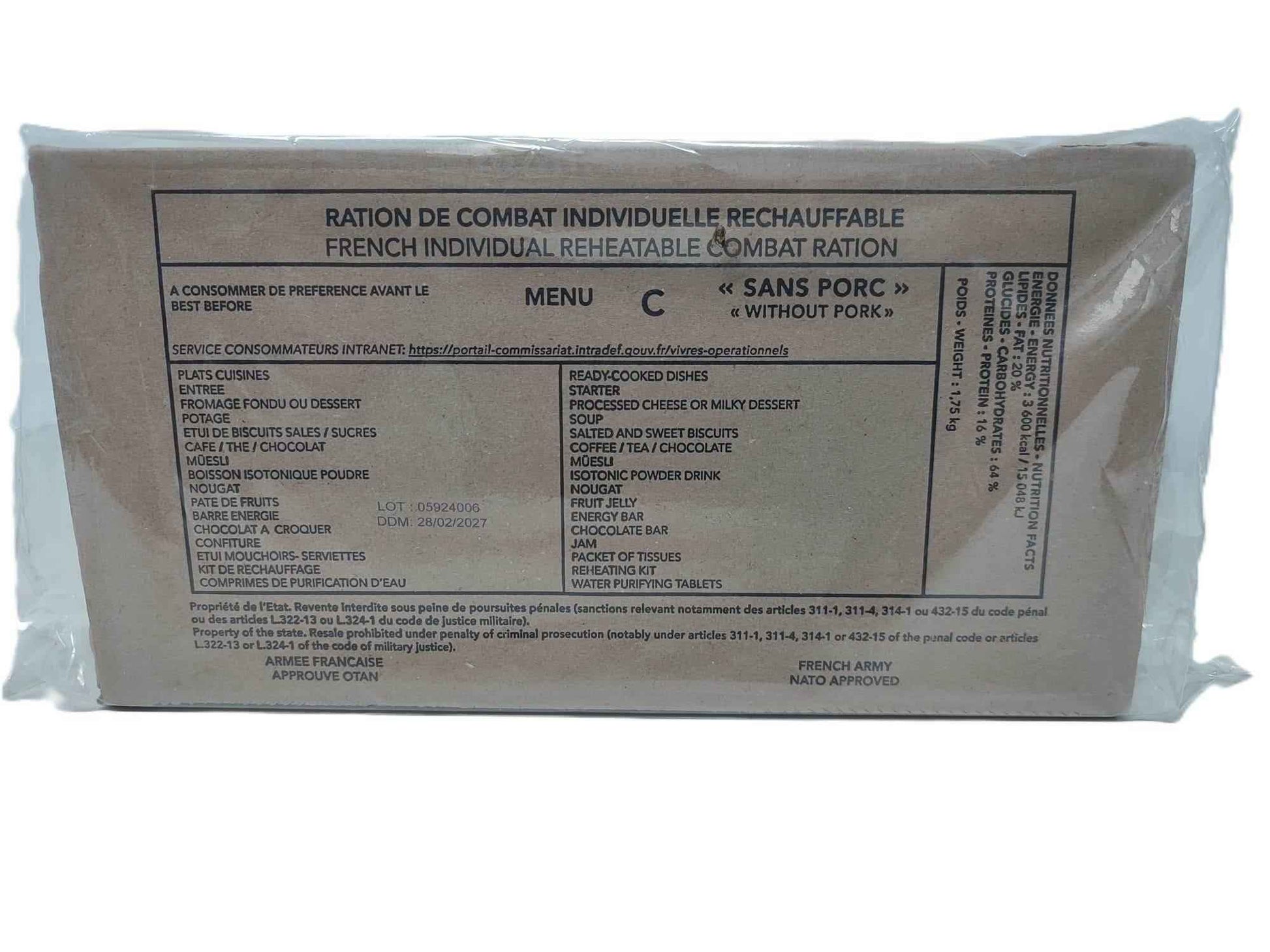 Ración militar francesa en bolsa marrón con etiqueta MENU C «sans porc»