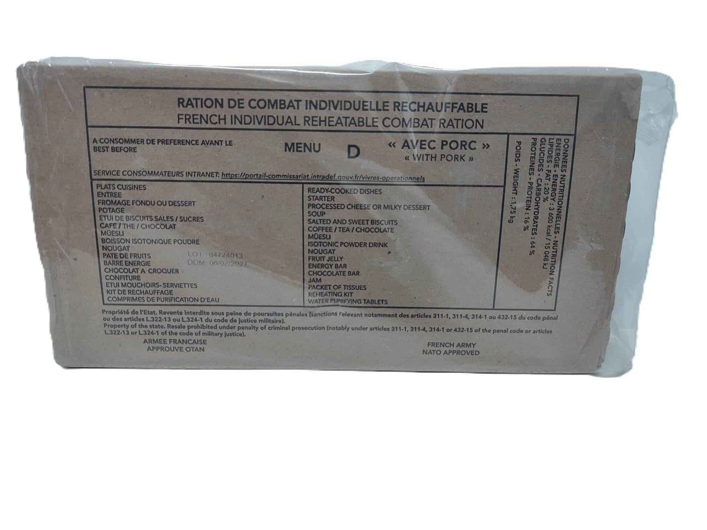 Ración militar francesa en bolsa marrón con etiqueta MENU D «avec porc»