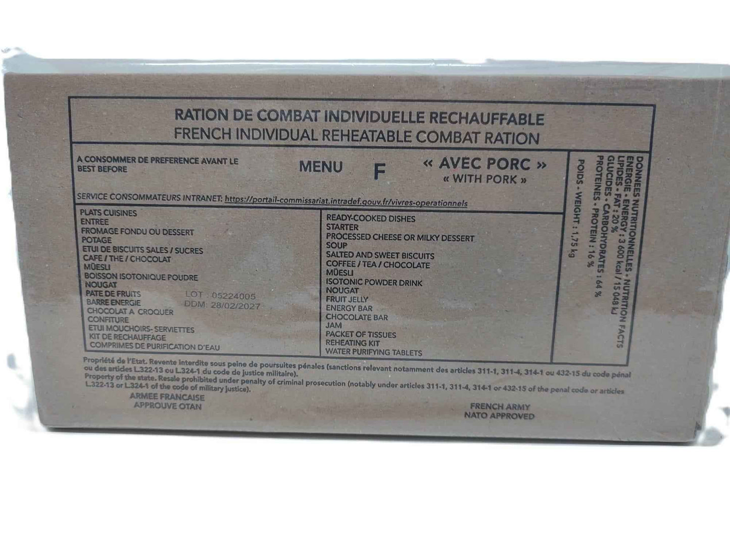 Ración militar francesa en bolsa marrón con etiqueta MENU F «avec porc»
