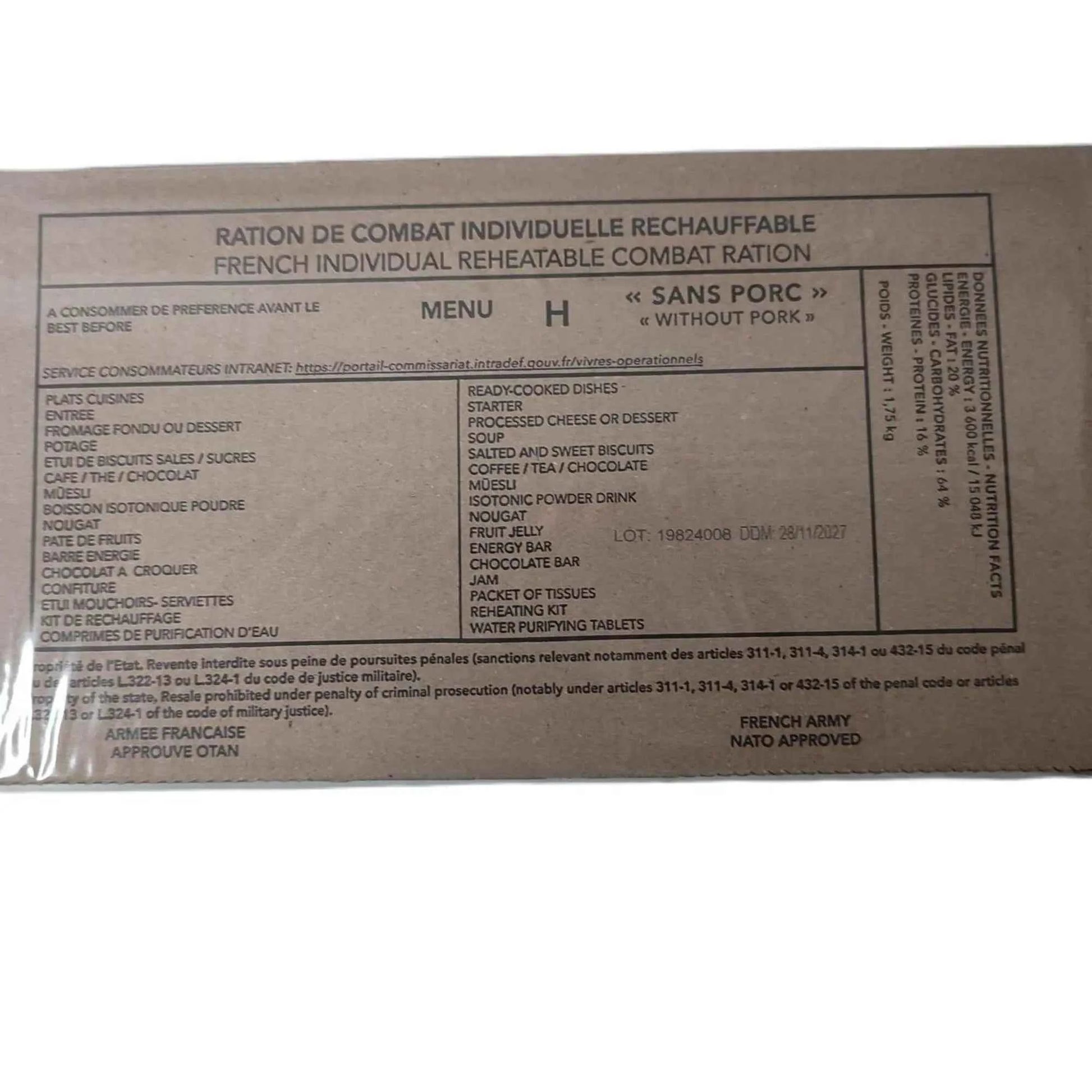 Ración militar francesa, caja marrón con etiqueta Menú H, sin cerdo (without pork).