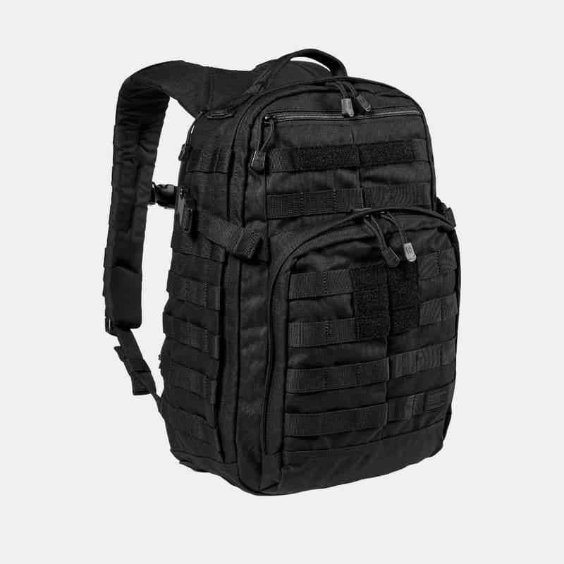 Mochila táctica negra con correas MOLLE y bolsillos frontales con cremallera
