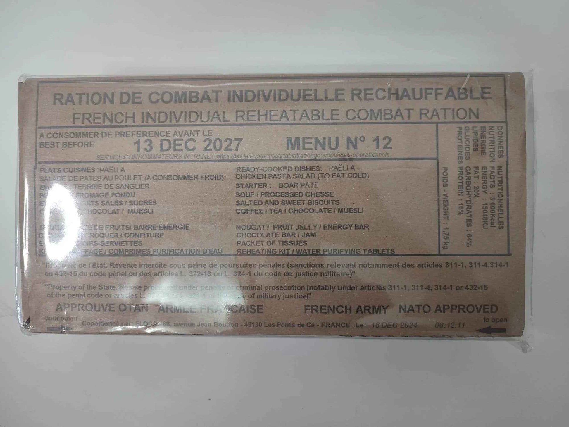Ración militar recalentable en caja, etiqueta Menú N.º 12