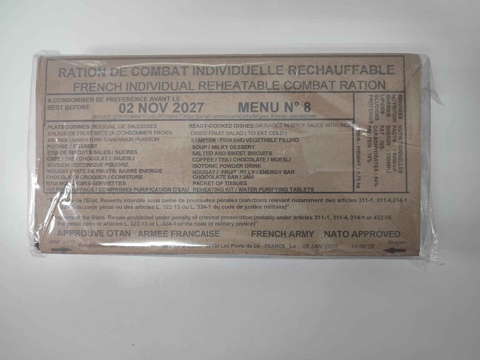 Ración militar francesa en bolsa transparente con etiqueta MENU n.°8 recalentable