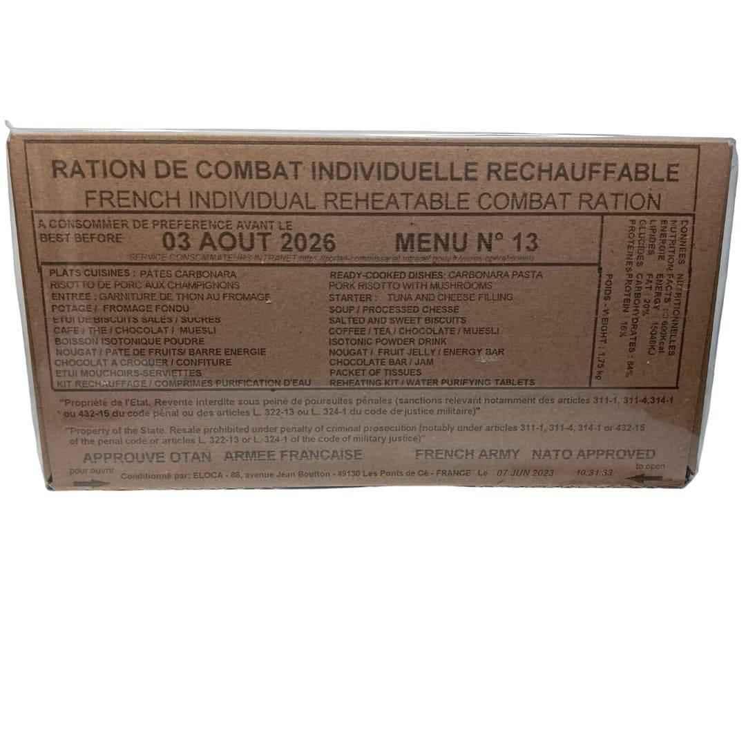 Ración militar recalentable en caja, etiqueta Menú N.º 13