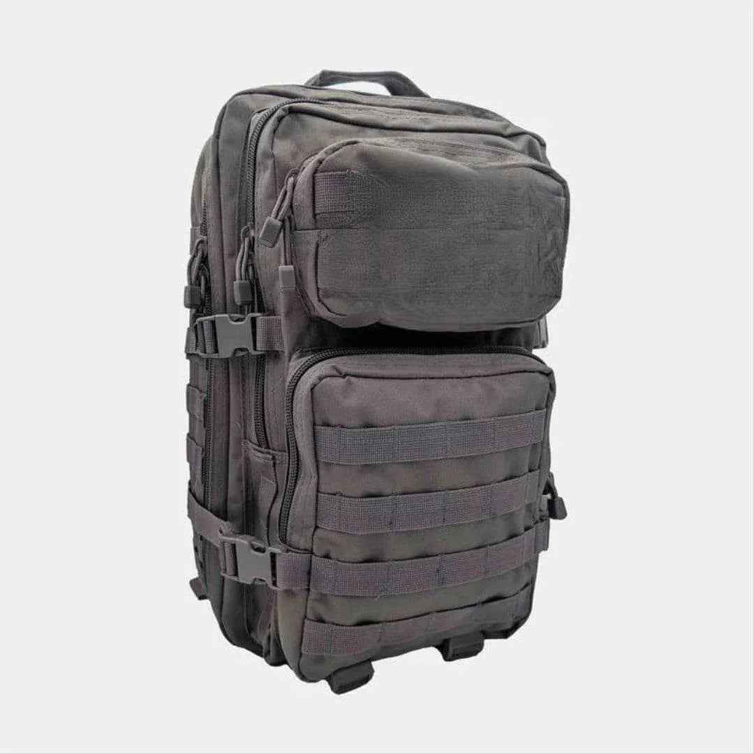 Mochila táctica gris oscuro con panel frontal acolchado y correas MOLLE