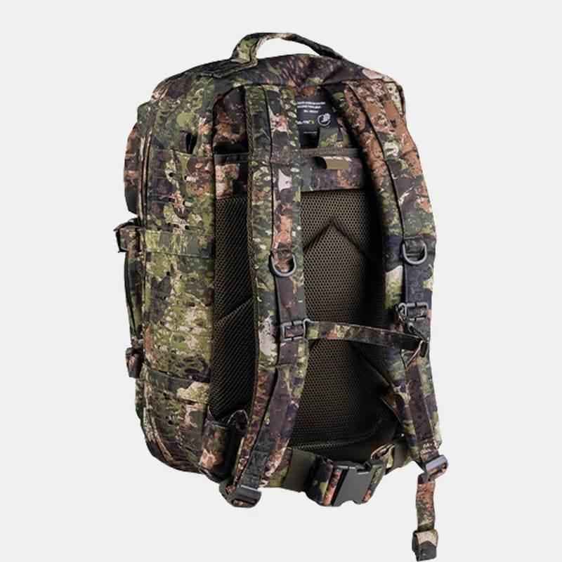 Mochila táctica camuflaje con panel MOLLE frontal, tirantes acolchados y bolsillos laterales