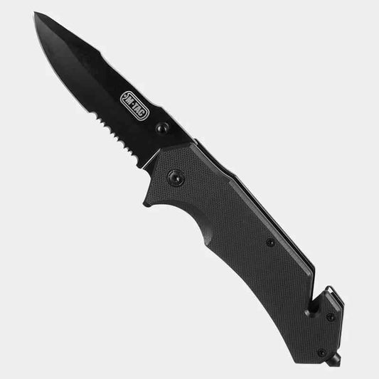 Navaja plegable negra con hoja dentada y empuñadura texturizada M-Tac