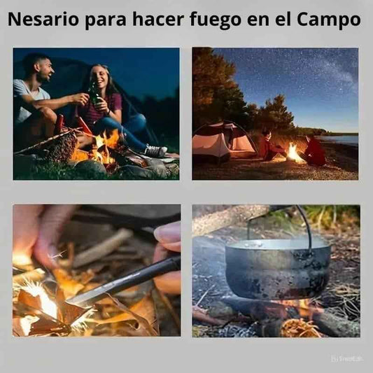 Encendedor de pedernal negro mostrado en uso para encender leña