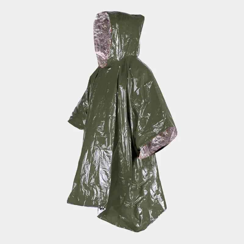 Poncho de emergencia verde oliva con capucha, material brillante e impermeable