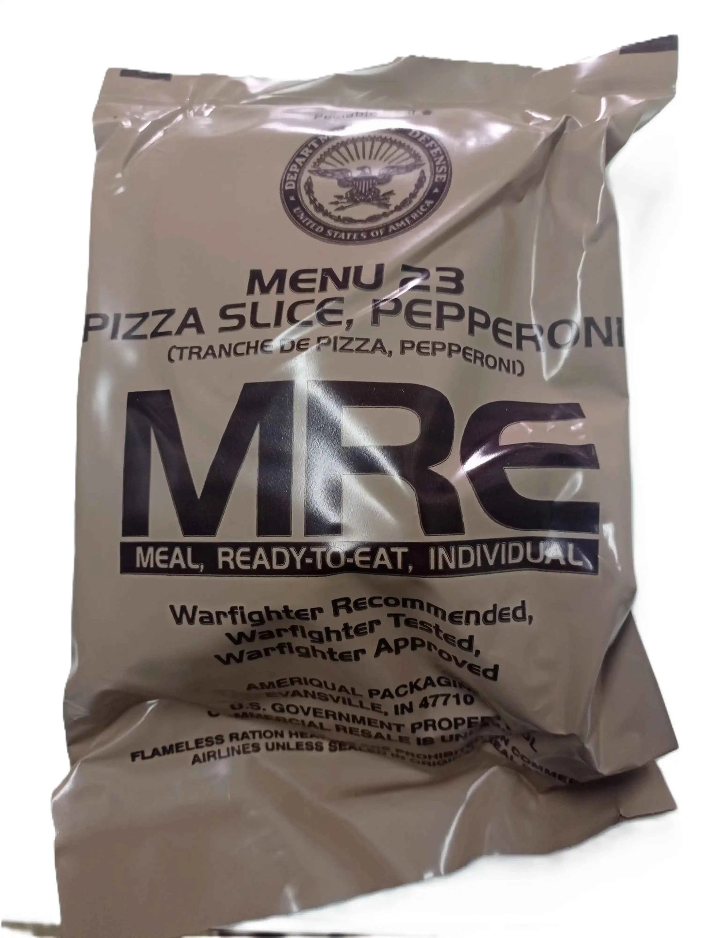 Bolsa MRE Menu 23: rebanada de pizza con pepperoni, lista para comer individual.