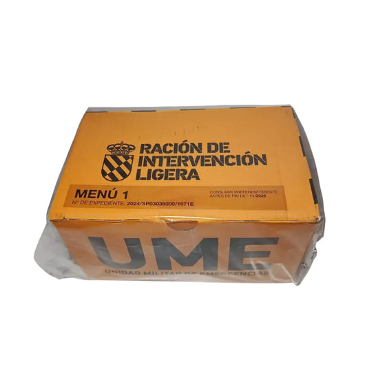 Caja de ración naranja UME con etiqueta “MENÚ 1”