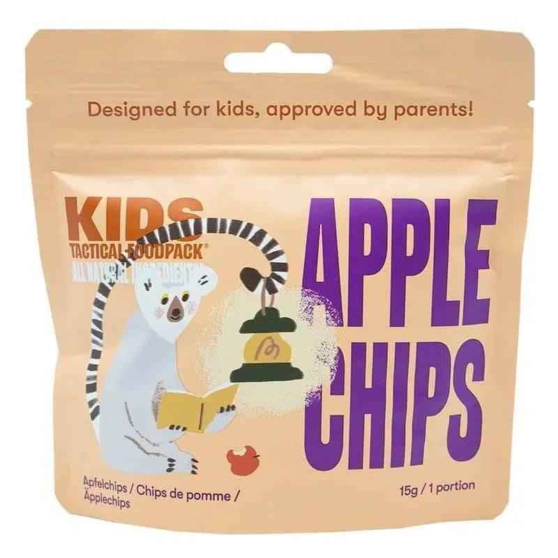 Bolsa de snack infantil de chips de manzana liofilizada, vegano, con diseño de gato.