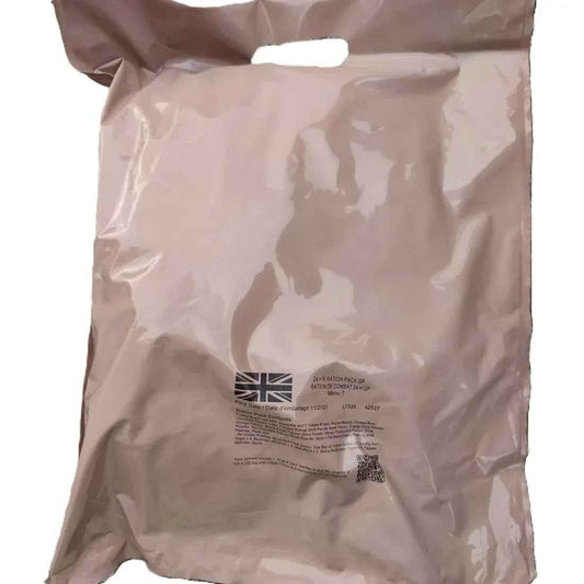 Bolsa de ración militar 24 horas British Army con camuflaje claro y etiqueta frontal