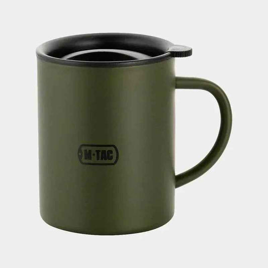 Taza termo de acero con asa, color verde oliva, tapa negra y logo M-TAC