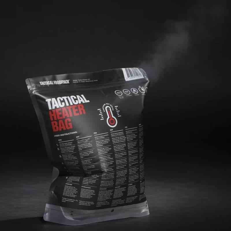 Bolsa calentadora con activador Tactical Foodpack, bolsa negra con gráfico de termómetro.