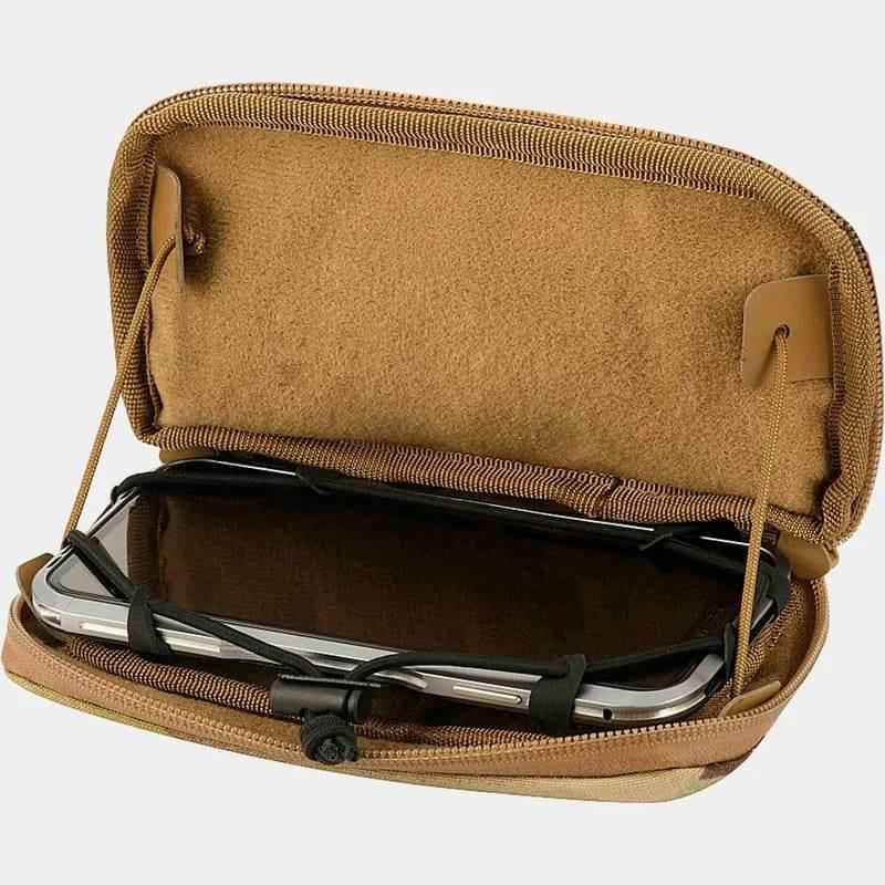 Bolsillo admin MOLLE coyote abierto, con correas internas para sujetar objetos