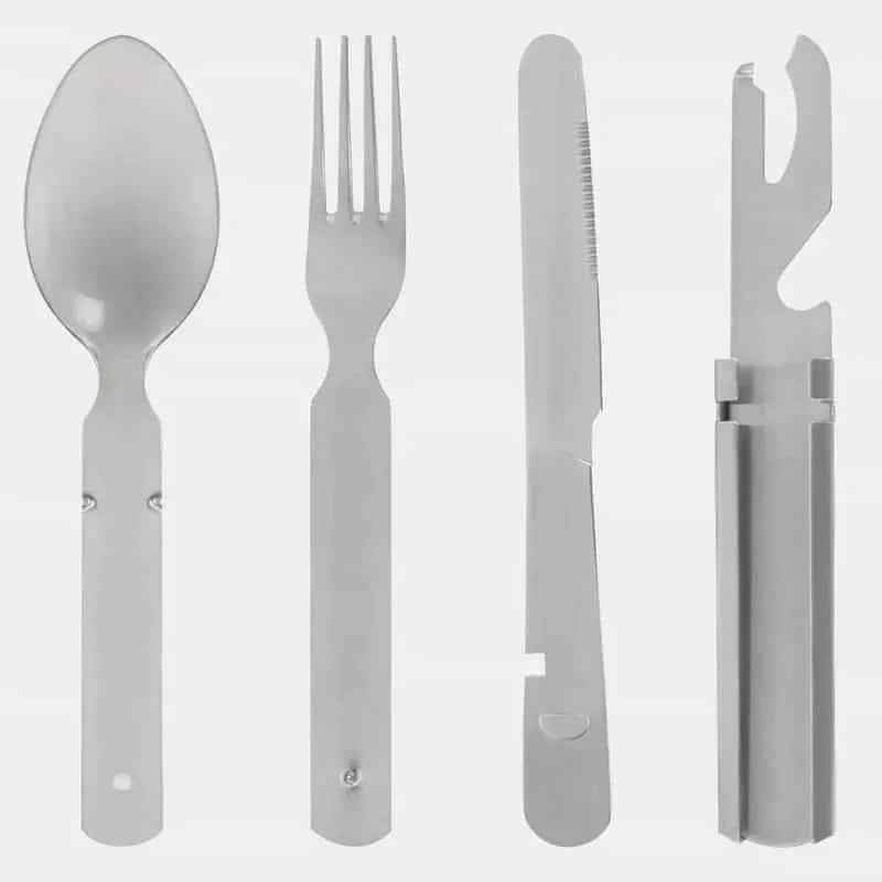 Set de cubiertos de acero con cuchara, tenedor, cuchillo y abrebotellas