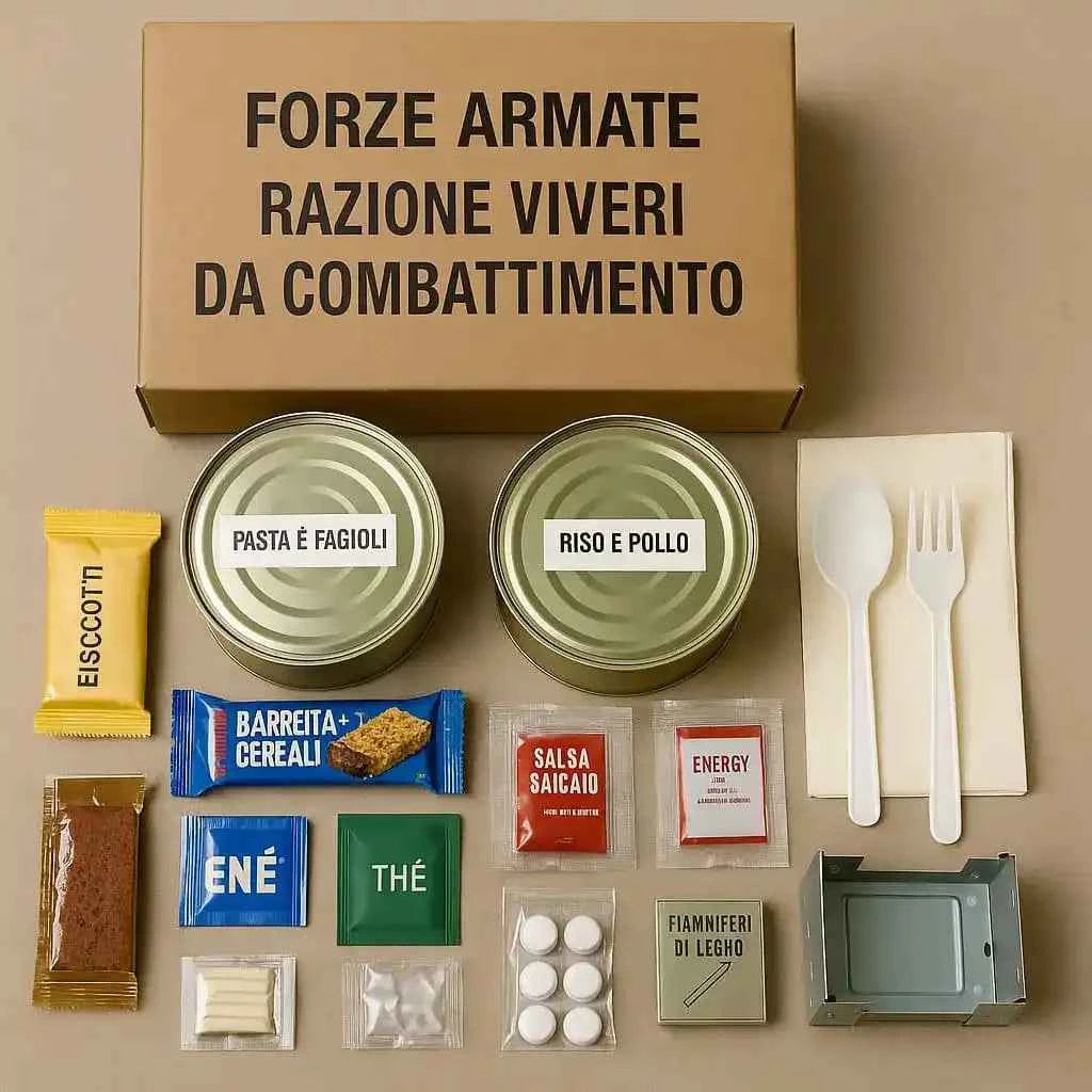 Ración de alimentos de combate en caja abierta con latas, sobres y utensilios