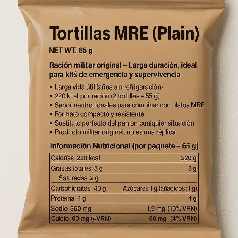 Bolsa de tortillas MRE (sin sabor) con texto de contenido y tabla nutricional visible