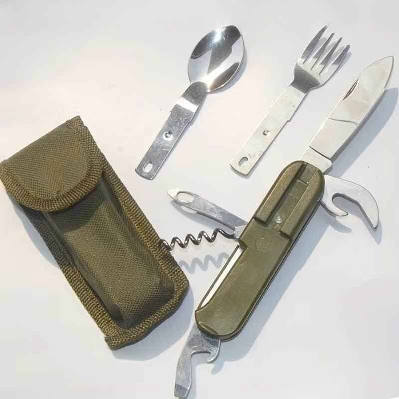 Juego de utensilios de camping con cuchara y tenedor plegables, con estuche