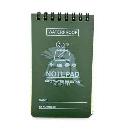 Libreta impermeable verde con espiral y portada con sello WATERPROOF y Notepad.