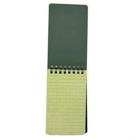 Libreta impermeable verde y páginas amarillas cuadriculadas con espiral lateral.
