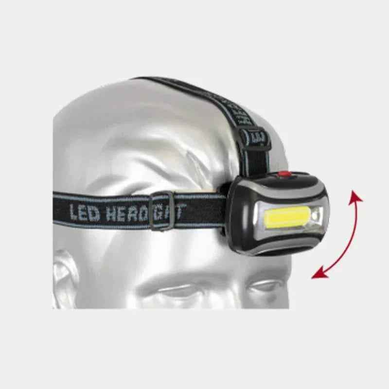 Linterna frontal LED negra sobre cabeza maniquí, luz cuadrada y botón rojo.
