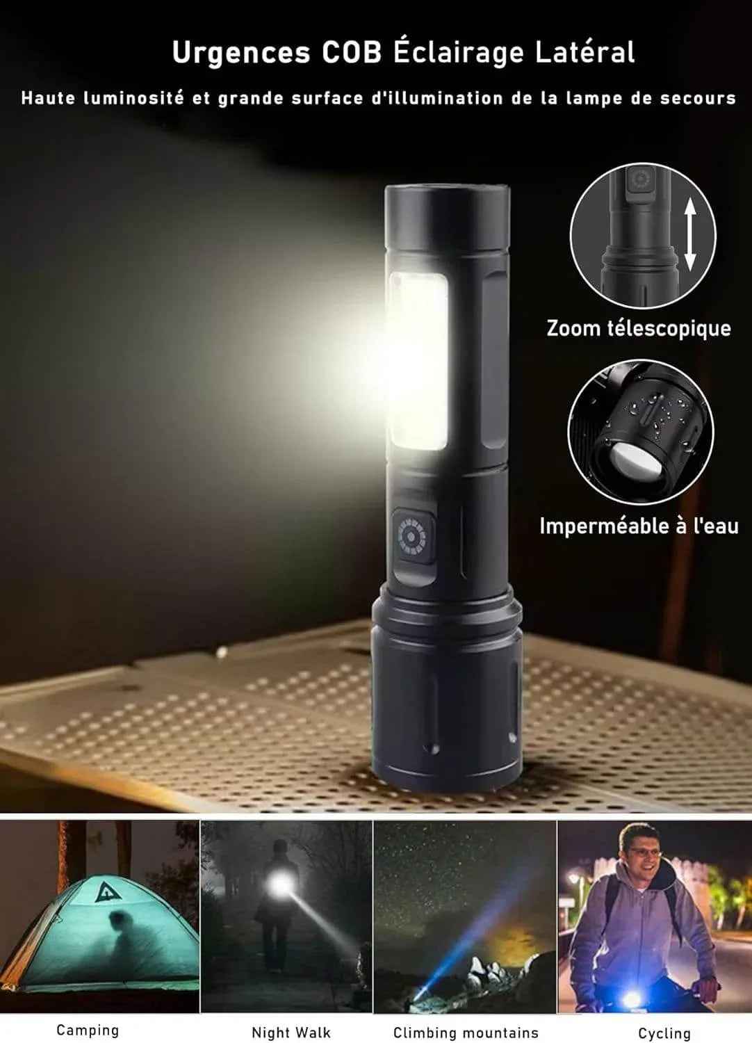 Linterna recargable negra con sección superior telescópica y luz blanca LED