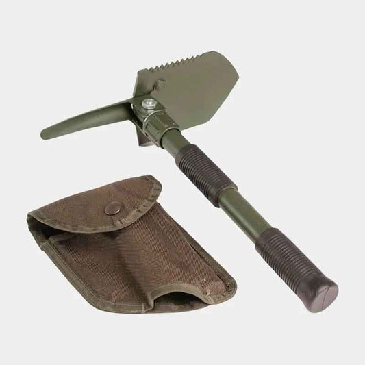 Pala y pico plegables MIL-TEC con funda textil, pala dentada y mango estriado verde