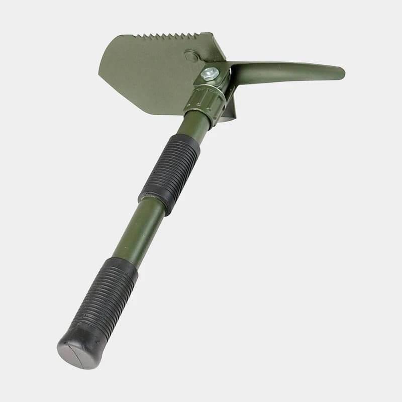 Pala y pico plegables MIL-TEC con mango estriado verde y cabeza dentada