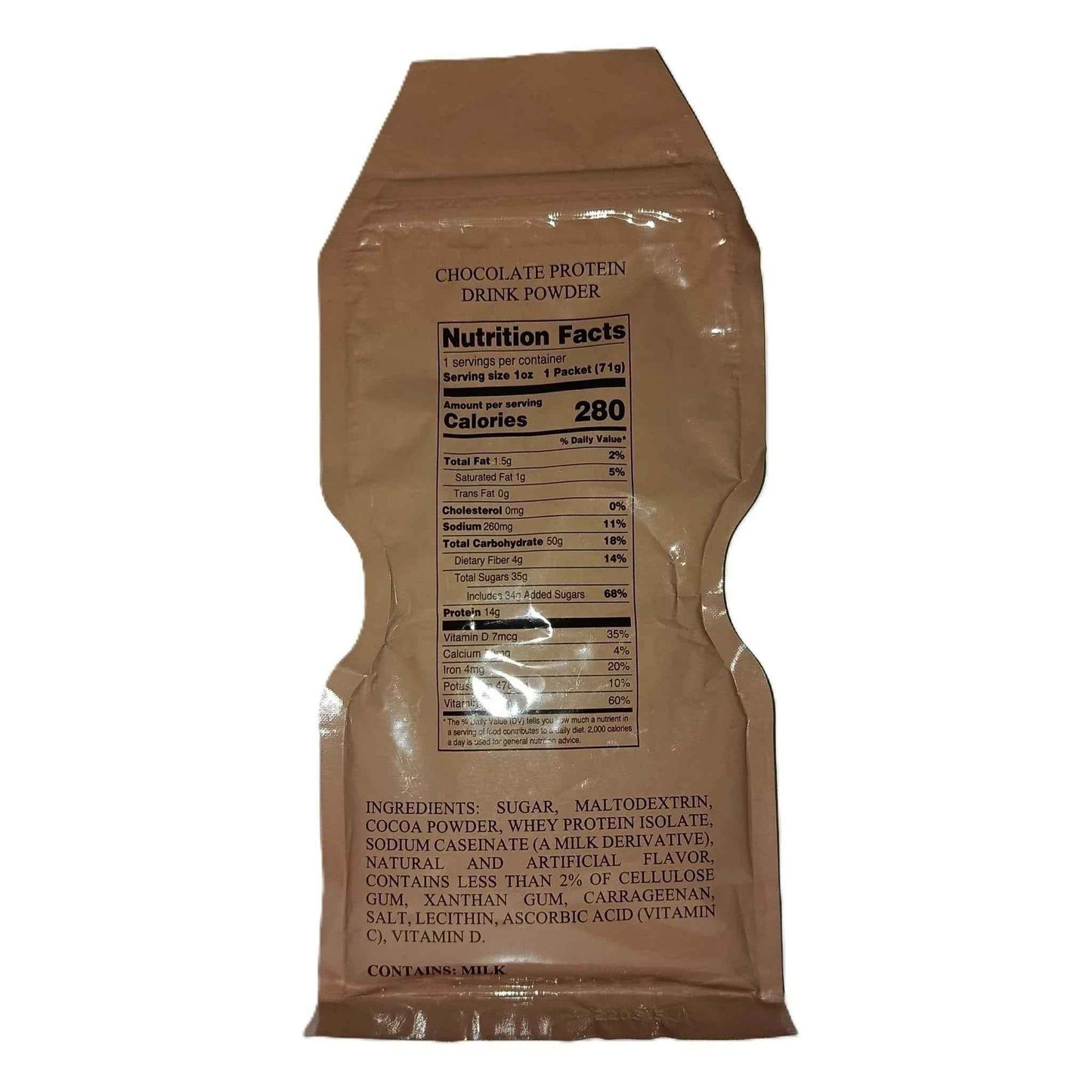 Bolsa de polvo para bebida proteica de chocolate, lista de ingredientes y datos.