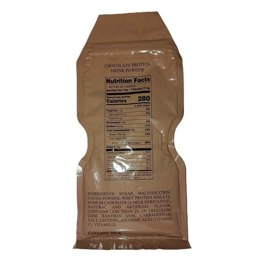 Bolsa de polvo para bebida proteica de chocolate, lista de ingredientes y datos.