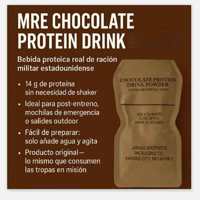 Tarjeta promocional de MRE, bebida proteica de chocolate, con sobre marrón.