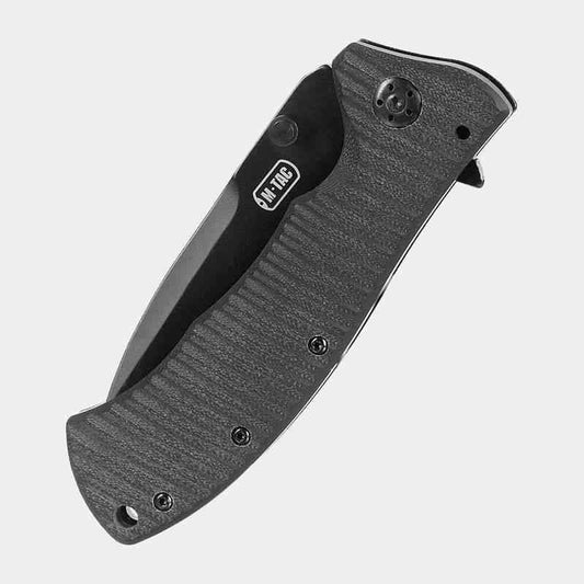 Navaja plegable tipo 7 M-Tac con mango gris texturizado y bloqueo visible