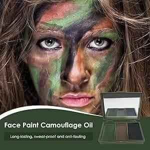 Kit de pintura facial camuflaje con paleta y diseño en el rostro, tres tonos
