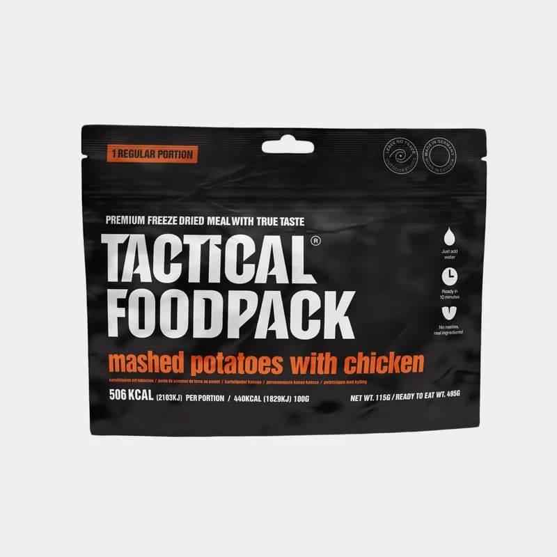 Sobre de comida liofilizada con pollo y puré de patatas, empaque negro