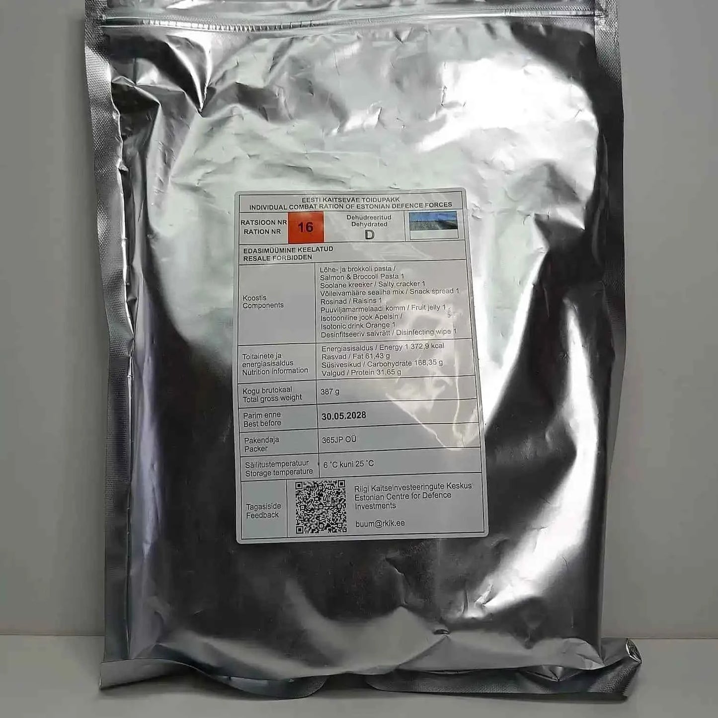 Bolsa de ración de combate individual plateada con etiqueta y opción 16