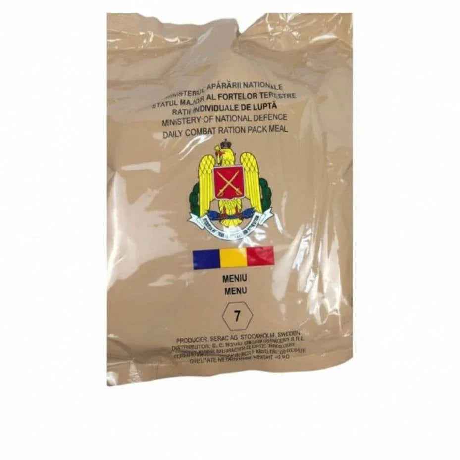 Ración militar rumana 24 horas en bolsa marrón con emblema y sello de menú 7